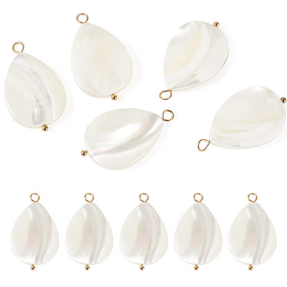 5 pièces pendentifs en forme de larme en coquillage naturel, avec 304 boucles en acier inoxydable, couleur de coquillage, placage ionique (ip)