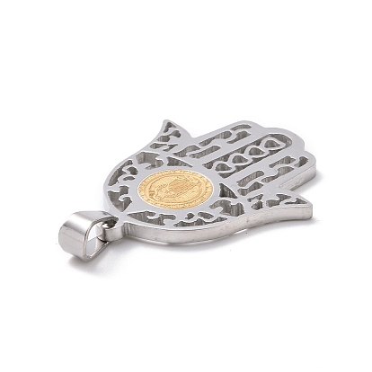 304 Stainless Steel Hamsa Hand/Hand of Miriam with Virgin Mary Pendants, 32x28x2mm, Hole: 6x4mm