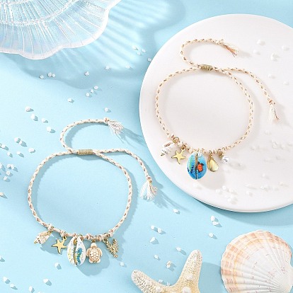 Boho Ocean Printed Natural Cowrie Shell & 304 Stainless Steel Starfish & Turtle Synthetic Turquoise Charm Braided Adjustable Anklets