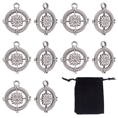 304 Stainless Steel Pendants, Flat Round with Compass