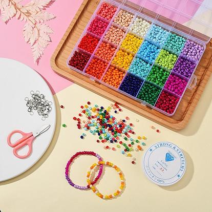 DIY Jewelry Making Kits, Including 2400~2880pcs 24 Color 6/0 Baking Paint Glass Seed Beads, Zinc Alloy Lobster Claw Clasps, Iron Open Jump Rings, Elastic Crystal Thread and Stainless Steel Scissors