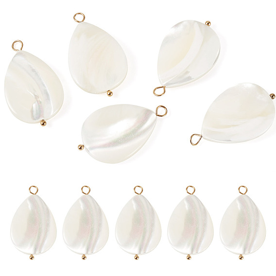 5 pièces pendentifs en forme de larme en coquillage naturel, avec 304 boucles en acier inoxydable, couleur de coquillage, placage ionique (ip)