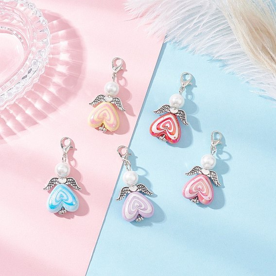 50шт. акриловые и стеклянные подвески в виде сердца-ангела, с крыльями из сплава и застежками-клешнями, старинное серебро и платина