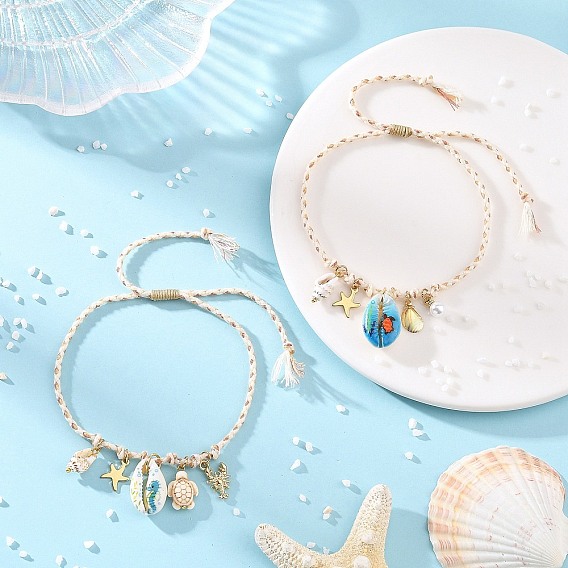 Boho Ocean Printed Natural Cowrie Shell & 304 Stainless Steel Starfish & Turtle Synthetic Turquoise Charm Braided Adjustable Anklets