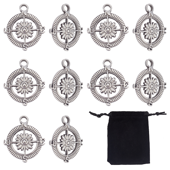 304 Stainless Steel Pendants, Flat Round with Compass