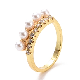 Clear Cubic Zirconia Cuff Ring with Plastic Pearl, Brass Jewelry for Women, Cadmium Free & Lead Free