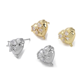 Brass with Cubic Zirconia Stud Earrings Findings, with 925 Sterling Silver Pins, Heart