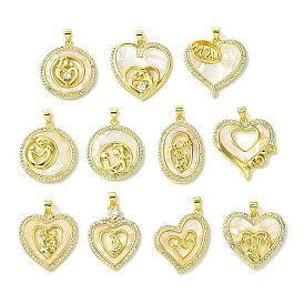 Mother's Day Real 18K Gold Plated Brass Micro Pave Clear Cubic Zirconia Pendants, with Shell, Real 18K Gold Plated