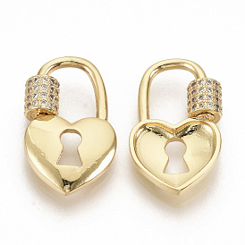 Brass Micro Pave Clear Cubic Zirconia Screw Carabiner Lock Charms, for Necklaces Making, Heart Lock, Real 16K Gold Plated