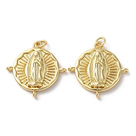Rack Plating Brass Pendants, with Jump Ring, Cadmium Free & Lead Free, Flat Round with Saint Charm