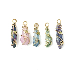 Electroplated Natural Quartz Crystal Pendants, Nuggets Charms with Copper Wire Star Wrapped, Mixed Color