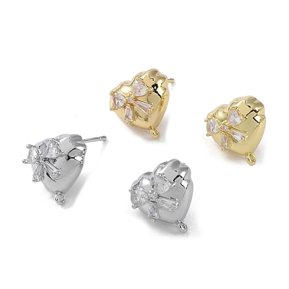 Brass with Cubic Zirconia Stud Earring Findings, Cadmium Free & Nickel Free & Lead Free, with 925 Sterling Silver Pins, Heart