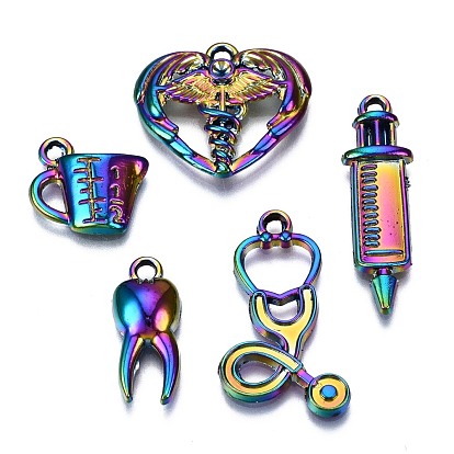 Rainbow Color Alloy Pendants, Cadmium Free & Nickel Free & Lead Free, Hospital Theme, Heart & Measuring Cup & Teeth & Stethoscope & Injection Syringe Shape