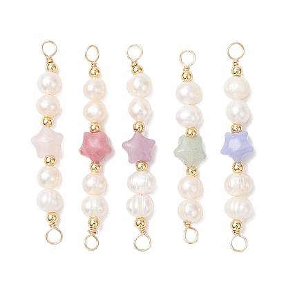 Подвески-звезды из искусственного голубого кружевного агата, натурального родонита, розового кварца, зеленого авантюрина, лепидолита/фиолетовой слюды с натуральным культивированным пресноводным жемчугом, с петлями из медной проволоки