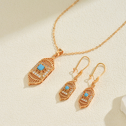 Комплекты серег и ожерелий из шестиугольной латуни с микропаве из прозрачных кубических цирконий для женщин, с синтетическими бирюзовый