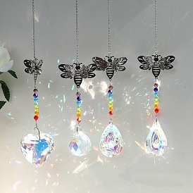Glass Leaf/Heart/Cone & Bicone Pendant Decorations, Hanging Suncatchers, with Iron Findings and Bees Link, for Garden Window Decoration