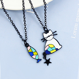 Colorful Fish Couple Necklace with Cat and Cartoon Design