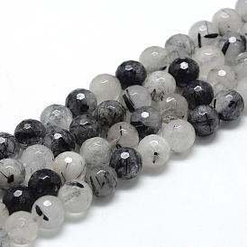 Natural Black Rutilated Quartz Beads Strands, Faceted(128 Facets), Round