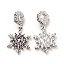 Rack Plating Alloy Violet Rhinestone European Dangle Charms, Large Hole Charms, Christmas, Snowflake