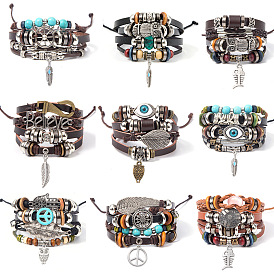 Turquoise Men's Braided Leather Wooden Beads Bracelet Multi-Layer Pendant Beaded Ladies Bracelet DIY Couple Models