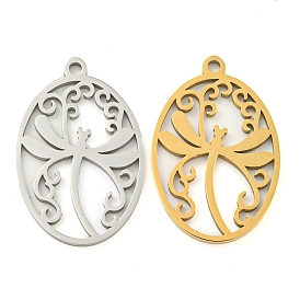 304 Stainless Steel Pendants, Laser Cut, Oval with Dragonfly Charm