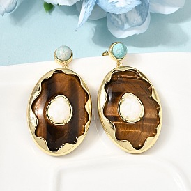 Серьги-гвоздики из латуни и натурального тигрового глаза., с лунным камнем и амазонитом, овальные, стойки покрытие