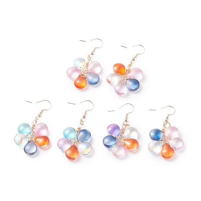 Glass Beaded Flower Dangle Earrings, Brass Wire Wrap Jewelry for Women