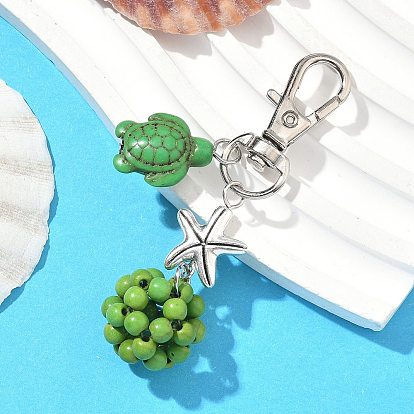 Подвесные украшения из черепахи и круглой синтетической бирюзы, с бусинами из сплава в тибетском стиле в виде морской звезды и поворотными застежками-лобстерами