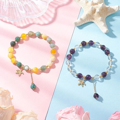 Природный драгоценный камень круглый бисерные браслеты простирания, Браслеты с подвесками в виде морской звезды из латуни для женщин