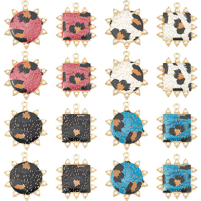 16Pcs 8 Style Rack Plating Printed Alloy Pendants, with Enamel and ABS Plastic Imitation Pearl, Cadmium Free & Nickel Free & Lead Free, Square & Sun with Leopard Print, Light Gold