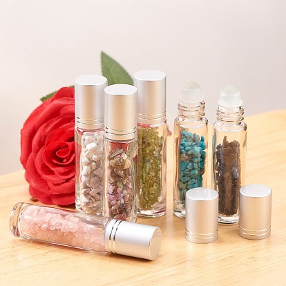 Glass Roller Ball Bottles, Refillable Perfume Bottle, with Natural/Synthetic Mixed Stone Chip Beads, for Personal Care