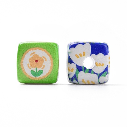 Perles acryliques imprimées, cube avec motif fleur & tartan