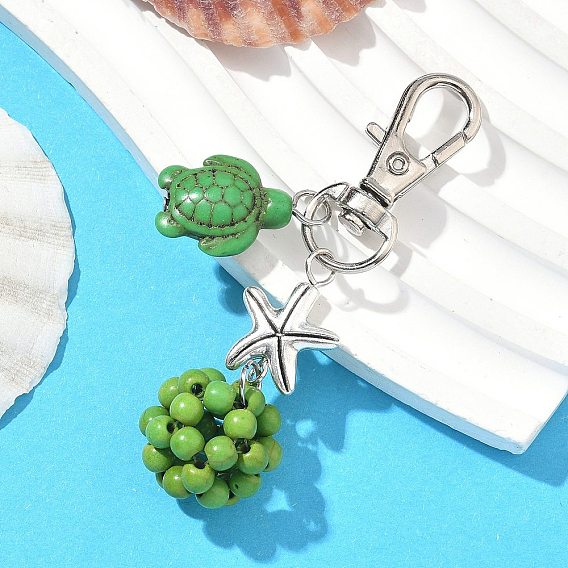 Подвесные украшения из черепахи и круглой синтетической бирюзы, с бусинами из сплава в тибетском стиле в виде морской звезды и поворотными застежками-лобстерами
