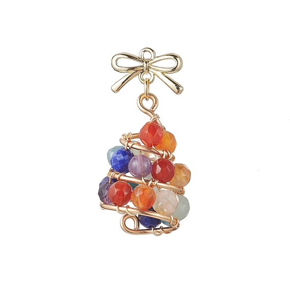 Подвески на елку из натурального апатита, зеленого авантюрина, лазурита, цитрина, агата и аметиста, ограненные круглые бусины из медной проволоки, с бантом из сплава, смешанные окрашенные и неокрашенные