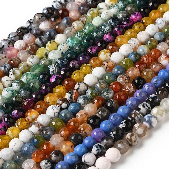 Нити окрашенных и нагретых натуральных агатовых бус с огненным кракелюром, граненые, круглые