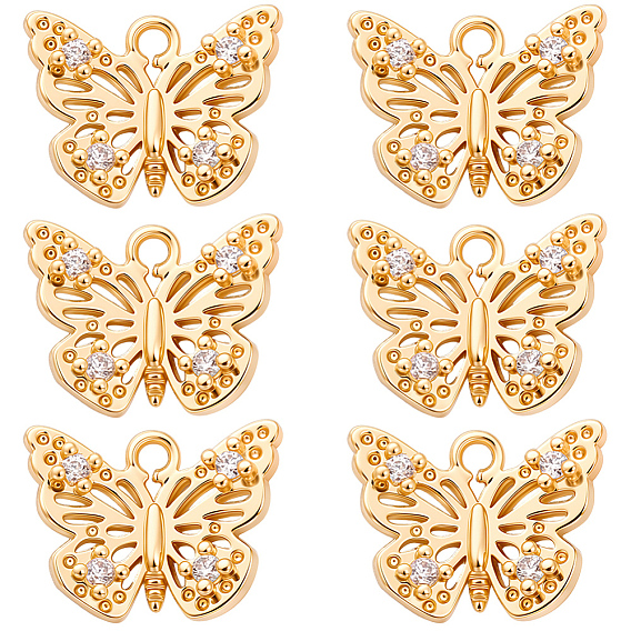 10Pcs Brass Micro Pave Clear Cubic Zirconia Pendants, Butterfly Charms, Nickel Free