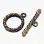 Carved Brushed Antique Bronze Brass Ring Toggle Clasps, Nickel Free, Ring: 20x16x2.5mm, Bar: 6x25x2.5mm,, Hole: 2mm