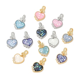 Rack Plating Brass Enamel Micro Pave Clear Cubic Zirconia Pendants, with Shell, Long-lasting Plated, Cadmium Free & Lead Free, Heart Charm