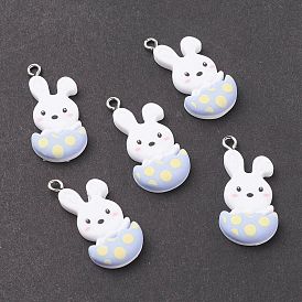 Opaque Resin Pendants, with Platinum Tone Iron Loops, Easter Theme, Rabbit with Eggshell
