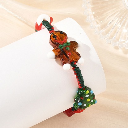 Adjustable Handmade Lampwork Christmas Tree Gift Box Gingerbread Man Braided Bead Bracelets for Women, Green
