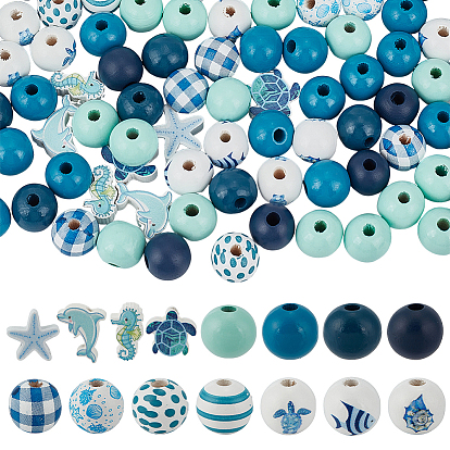 318шт. наборы деревянных бусин с морской тематикой, окрашенных распылением