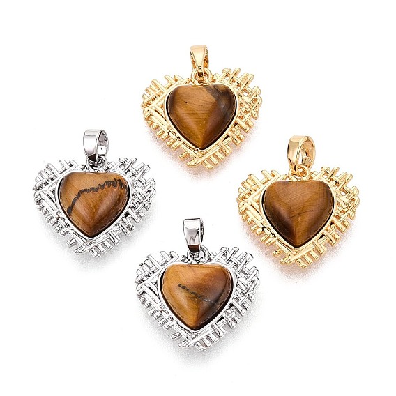 Природных тигровый глаз подвески, подвески в форме сердца с латунной оправой