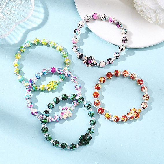 Браслеты из окрашенной синтетической бирюзы и бусин из АБС-пластика, имитирующих жемчуг, эластичные, для женщин, черепаха