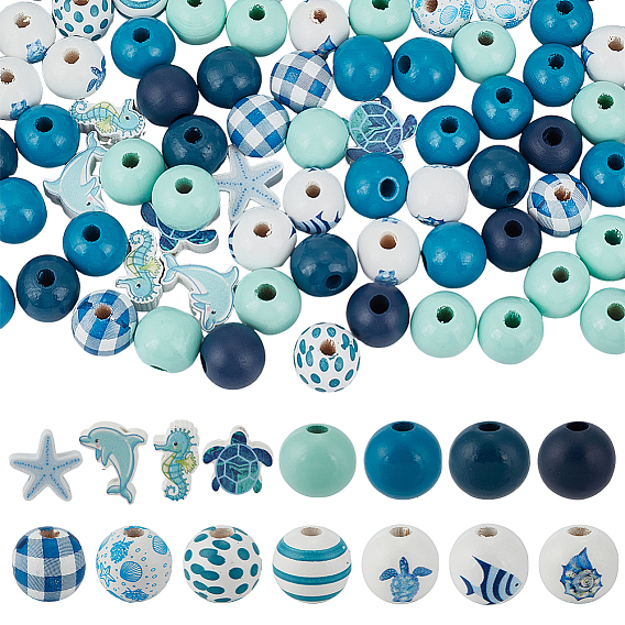 318шт. наборы деревянных бусин с морской тематикой, окрашенных распылением