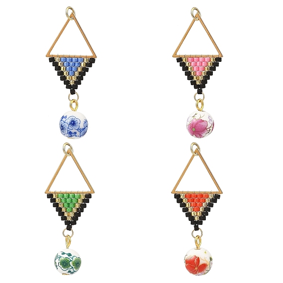 304 Pendentifs en acier inoxydable et perles de verre, charmes de triangle, avec une perle en porcelaine imprimée de fleurs à la main, des anneaux de jonction et un anneau de liaison