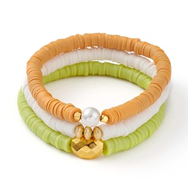 3Pcs 3 Styles Polymer Clay Heishi Beads Stretch Bracelets Sets, Stackable Bracelets, with Alloy Beads, Brass Beads and Glass Pearl Beads