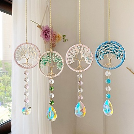 Teardrop Glass Suncatchers, Gemstone Tree of Life Hanging Ornaments, Rainbow Maker, for Garden & Home Decoration