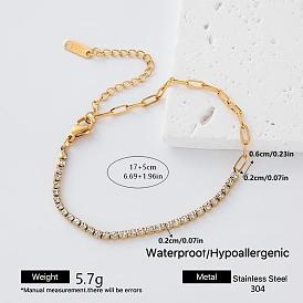 304 Stainless Steel Crystal Rhinestone Tennis Chain Paperclip Chain Bracelets for Women