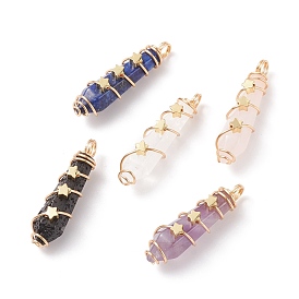 Natural Gemstone Pointed Pendants, Bullet Charm, with Real 18K Gold Plated Tone Copper Wire Wrapped and Brass Star Beads, Faceted