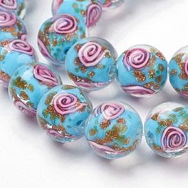 Handmade Gold Sand Lampwork Beads Strands, Round, Vortex Pattern